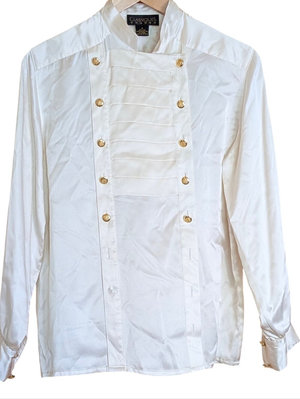 Classiques White Silk Pleated Front Military-Style Blouse Size 4 Classic Luxury
